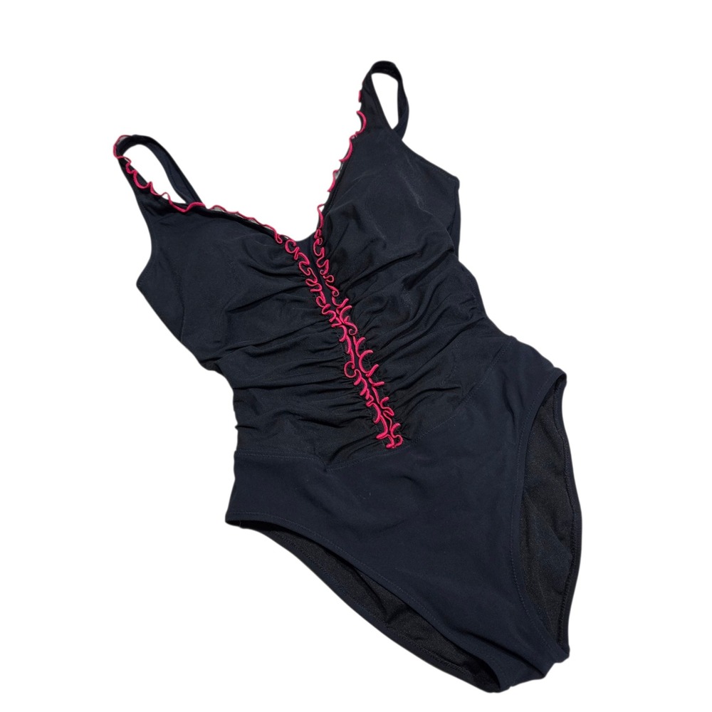 Profile Black One Piece Swimsuit Ruched Red Ruffle Tummy Control Lined 8‎